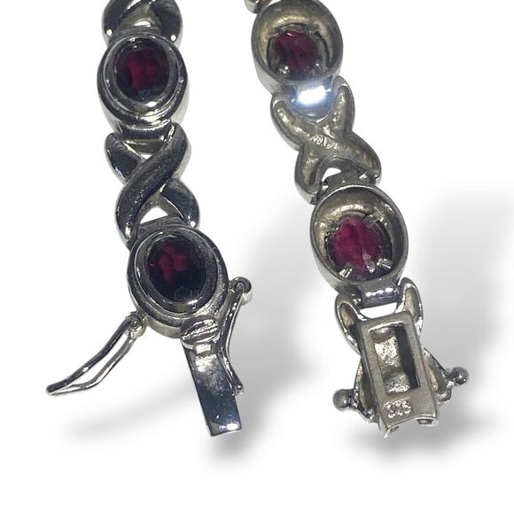 Vintage 925 Sterling Silver Garnet Stone XO Link Bracelet 7" / Fits 6.5" Wrist - Picture 6 of 10